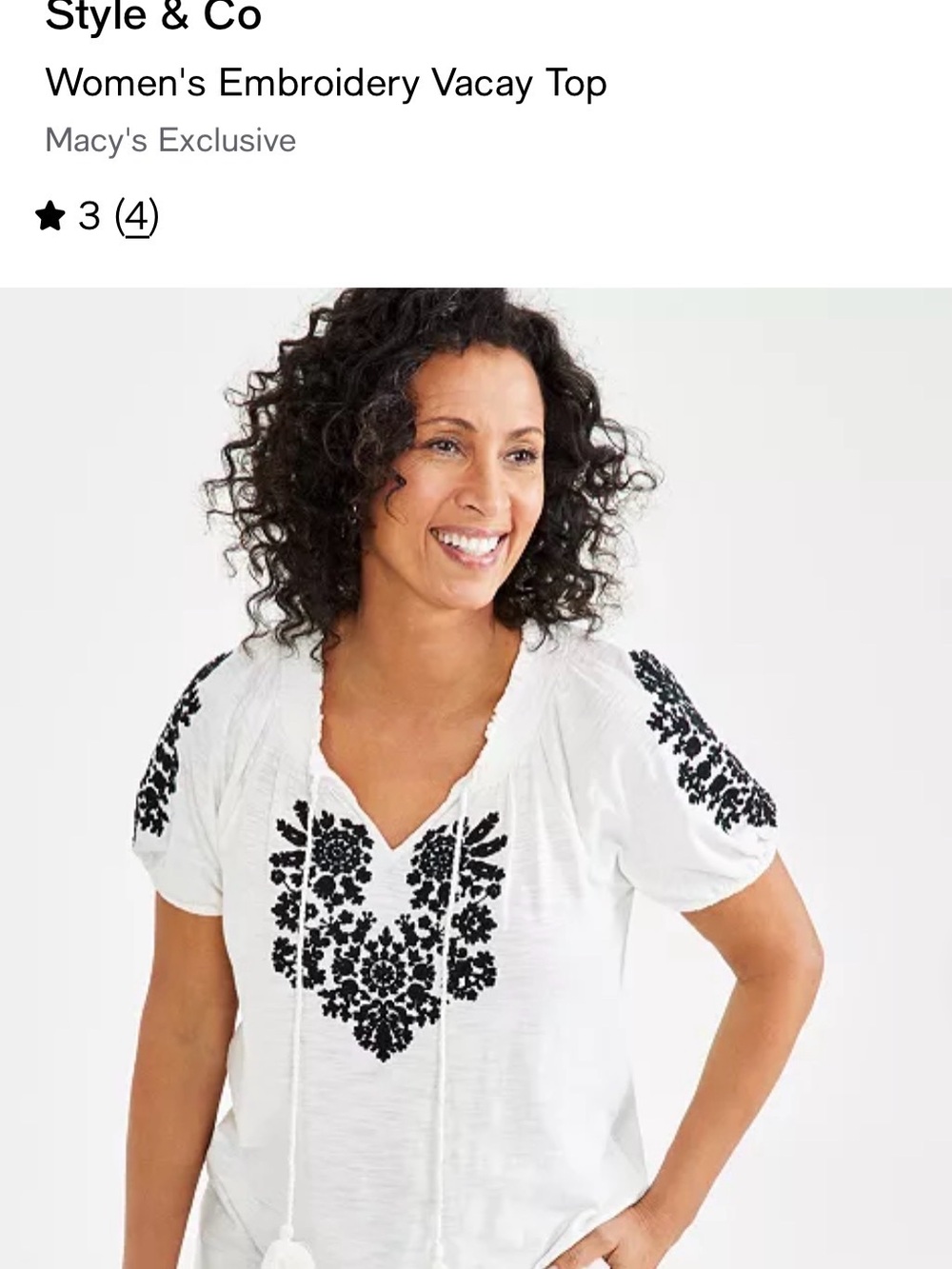Style & Co. White Sleeveless Peasant Top with Black & Gold Embroidery - Picture 3 of 3